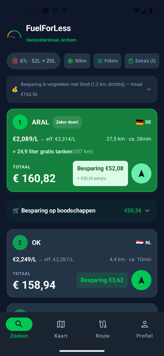 FuelForLess app - tankprijzen vergelijken en goedkoop tanken over de grens in NL, BE en DE